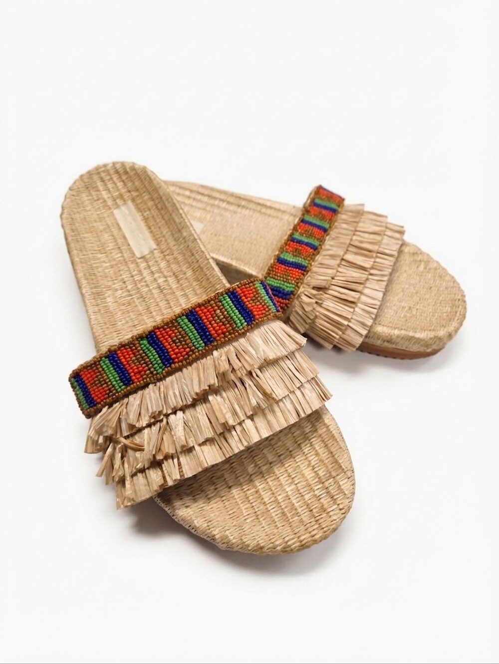 Farm Rio Beaded Raffia Slide Sandals Straw Fringe Boho Women's Size 11 (US) / 43
